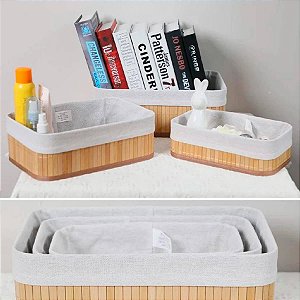 Kit 3 Cestos de Bambu Decorativos para Organização com Forro Removível