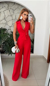 Conjunto Vermelho Calça Pantalona e Blusa Transpassada