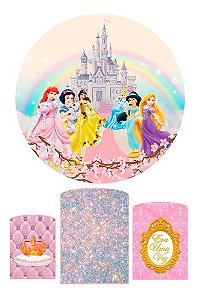 Capa Painel Redondo Princesas 1,5m + Capas Cilindros Tecido Sublimado