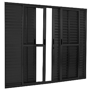 Porta De Alumínio de Correr Balcão 6 Folhas Preta Linha 25 Com Fechadura