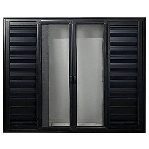 Janela Veneziana 6 Folhas de Correr Com Tela Mosquiteira Alumínio Preto Linha 25