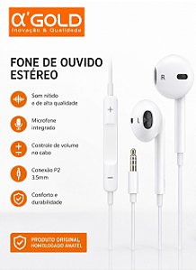 Fone de Ouvido A'Gold FN-A12 com Microfone P2 3.5mm Estéreo Alta Qualidade
