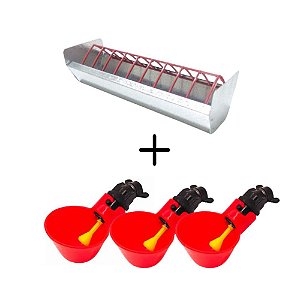 Kit Comedouro Calha 30cm + 3 Bebedouros Niple Copinho