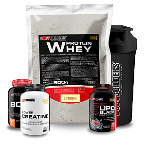 Kit Whey (500g) + (Creatina 100g) + (BCAA 100g) + 6Lipo Black (60 Cáps.) + Coqueteleira - Bodybuilders