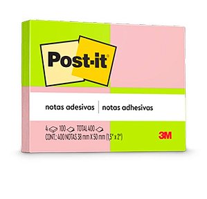 Bloco Adesivo 38x50mm c/2 Cores Neon c/400 folhas - Post-it