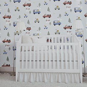 Papel de Parede Infantil Bichinhos e Carros Azul Claro - Coleção Yoyo 2 Kantai