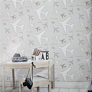 Papel de Parede Infantil Aviões Tons de Cinza e Caramelo - Coleção Yoyo 2 Kantai