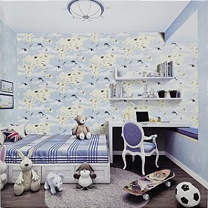 Papel de Parede Infantil Mapa Mundi Azul - Coleção Yoyo 2 Kantai