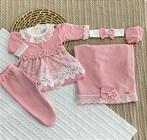 Saída de Maternidade 6 Peças em Malha Tricô – Vestido, Body, Manta, Luvas e Tiara