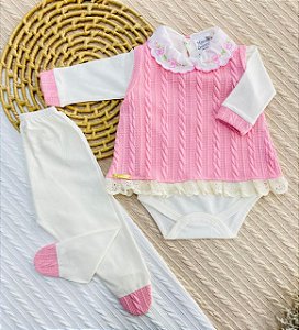 Conjunto de Pagão Feminino 3 Peças – Vestido Tricô Body e Mijão em Malha - RN (0-2 meses)