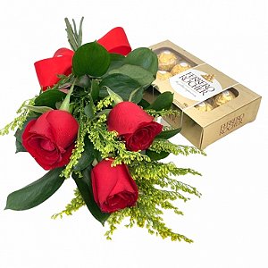 Buque de 3 Rosas Vermelhas com Chocolates Ferrero Rocher