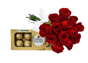 Bouquet de 12 Rosas Vermelhas com Ferrero Rocher