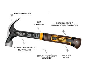 MARTELO UNHA EM ACO FORJADO MAGNETICO C SIST ABSORCAO DE IMPACTO INGCO - HCH81020L