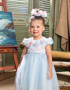 Vestido Azul E Rosa Com Bordado E Pérolas Luxo Festa Cattai