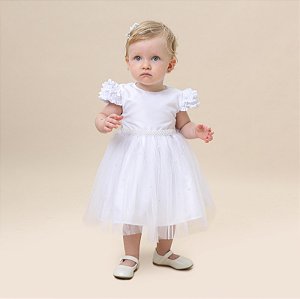 Vestido Luxo Bebê Pérolas Tule Batizado Festa Cattai