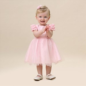 Vestido Bebê Pérolas Na Saia De Tule Rosa Festa Luxo Cattai