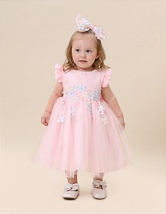 Vestido Rosa Com Flores Coloridas Pérolas Luxo Festa Cattai