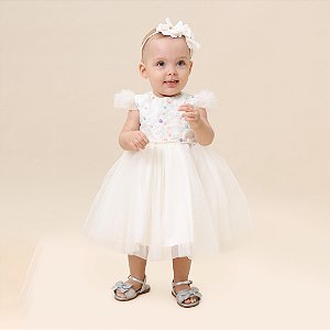 VESTIDO BEBÊ COM FLORES COLORIDAS CRU