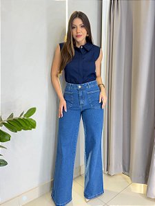 CALÇA JEANS WIDE LEG BOLSO QUADRADO FRENTE