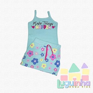 Conjunto Cotton Flowers Camiseta com Saia Verde água