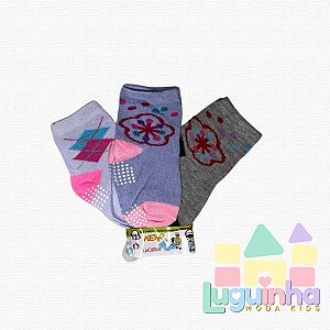 Kit 3 Pares Meia Infantil menina Antiderrapante 6-12 Meses