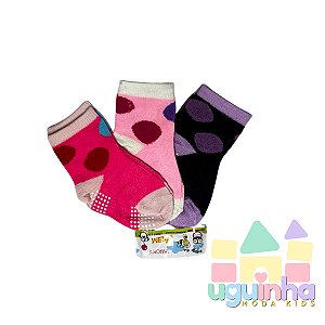 Kit 3 Pares Meia Infantil menina Antiderrapante 6-12 Meses