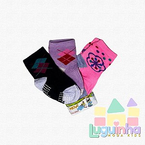 Kit 3 Pares Meia Infantil menina Antiderrapante 6-12 Meses
