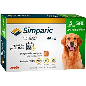 Simparic 80mg Para Cães de 20,1Kg a 40Kg - Zoetis - 3 Comprimidos