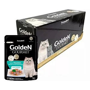 Ração Úmida Golden Gourmet Gatos Adultos Castrados Sabor Frango, Abobora e Arroz Integral - 70g - Caixa com 20 Unidades