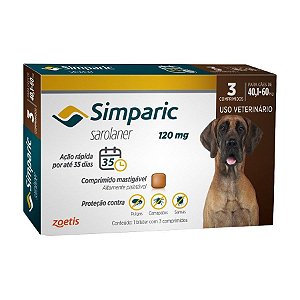 Simparic 120mg para Cães de 40,1Kg a 60 Kg - Zoetis - 3 Comprimido