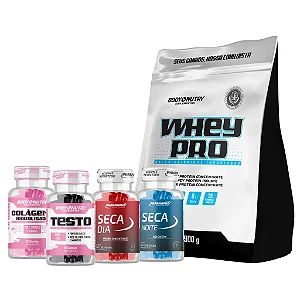 Kit Whey Protein 900g + CAFEINA + TERMOGENICO SEM CAFEINA + Testo Feminy + Colageno Feminy