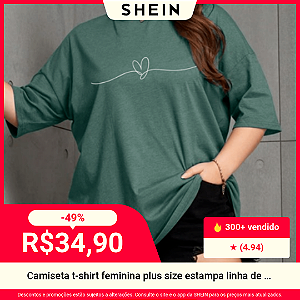 Camiseta T-Shirt Feminina Plus Size com Estampa de Linha