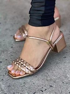 Sandália de Salto Quadrado Feminina com Tira Trançada 4 CM - A02 Bronze