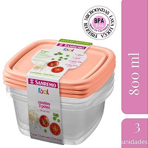 Conjunto 3 Potes Vasilhas Plástica Quadrada Multiuso Linha Fácil Com Tampa 800 ml Cada - SANREMO