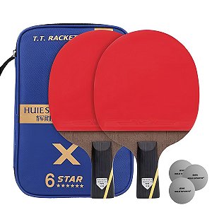 Kit deTênis de Mesa Huieson Carbon 2 Raquetes Short 6 Star + bolsa e 3 bolas Gold Sports 3 Star