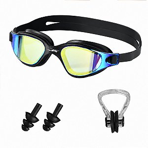 Kit Óculos De Natação Gold Sports Lince Demi Mirror HD-Mesh Bag -Clip Nasal  e Protetor de Ouvido