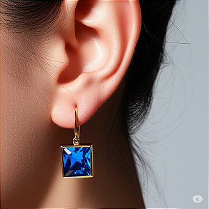 Brinco Quadrado Radiante Azul Banhado a Ouro 18k