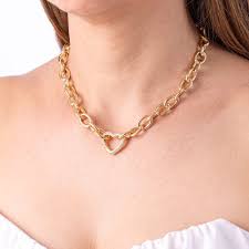 Corrente Dourada Elos Robustos Coração Cravejado Banhada a Ouro 18k