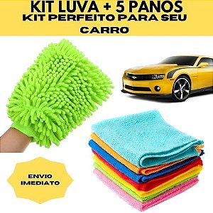 Kit de Lavar Carro Moto Limpeza automotiva Luva + 5 Pano Microfibra Microfibra Super Multiuso