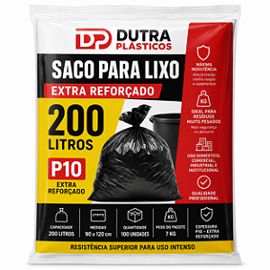 Saco para Lixo 200 Litros Preto P10 – 90x120 cm – Pacote com 100 Unidades (7 kg)