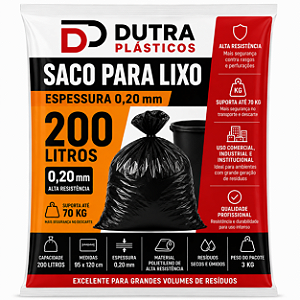 Saco para Lixo 200 Litros Preto – Espessura 0,20 mm Pacote com (3 kg)