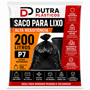 Saco para Lixo 200 Litros Preto P7 – 90x120 cm - com 100 Unidades (6 kg)