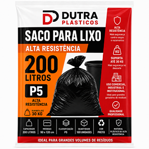 Saco para Lixo 200 Litros Preto P5 – 90x120 cm – Pacote com 100 Unidades (4 kg)
