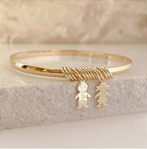 Pulseira Escrava Com Coração Bnhada a Ouro 18k Semi Joias Com 2 Bonecos (65031