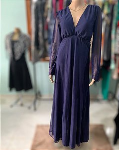 Vestido Longo Feminino Azul Marinho Com Mangas Transparentes