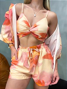 Conjunto em Crepe Camisa com Top e Shorts Estampado Beatriz Ref. 1820