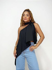 Cropped Feminino em Crepe Ombro Único Assimétrico com Amarração Luala Ref. 1424