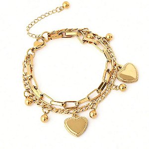 Pulseira Elo com Pingentes de Coração - Banho Dourado