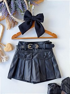 Short Saia Courino Preto Feminino