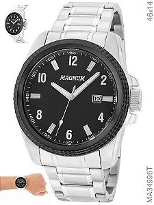 Relógio Magnum Masculino - MA34996T - Prata com Fundo Preto e Calendário